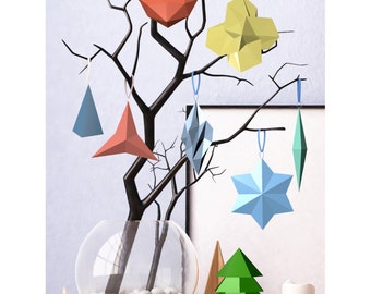 Printable DIY template (PDF). Christmas decorations Low poly style.