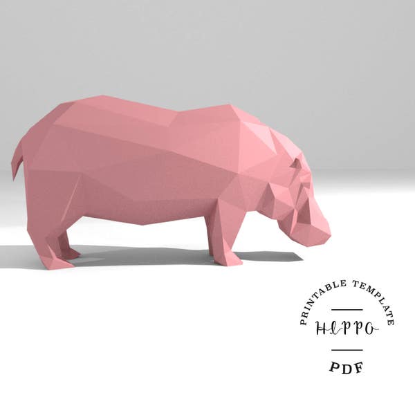 Modèle de bricolage imprimable (PDF). Modèle de modèle de papier hippopotame low poly. Modèle de trophée en papier 3D. Origami. Papercraft. Entraîneur de cerveau.