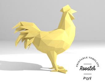 Modelo DIY para impressão (PDF). Modelo de modelo de papel baixo poli de galo. Modelo de papel animal 3D. Origami. Artesanato em papel. Treinador cerebral.
