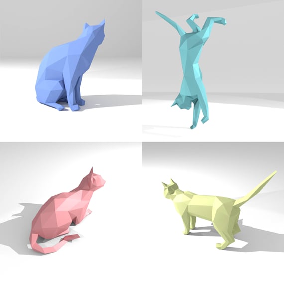 Printable Diy Template Pdf Cats Set Low Poly Paper Model Templates 3d Paper Sculpture Origami Papercraft Cardboard Animal