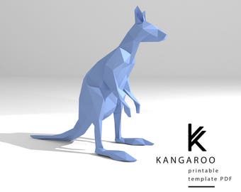 Printable DIY template (PDF).  Kangaroo low poly paper model template. 3D paper trophy model. Origami. Papercraft. Brain trainer.