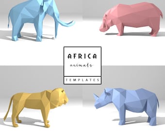 Set of 4 Printable DIY templates (PDF). African Animals  paper model templates: Lion, Hippo; Mammoth, Rhino. 3D animal paper model.