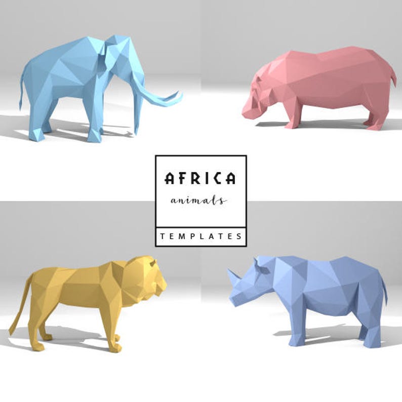 Set of 4 Printable DIY templates PDF. African Animals paper model templates: Lion, Hippo Mammoth, Rhino. 3D animal paper model. image 1