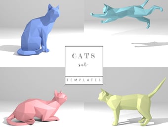 Printable DIY template (PDF). Cats Set low poly paper model templates. 3D paper model. Origami. Papercraft. Brain trainer.