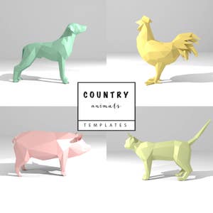 Conjunto de 4 plantillas de bricolaje imprimibles (PDF). Plantillas de modelos de papel de animales campestres: perro, gato, gallo, cerdo. Modelo de papel de animales en 3D. Origami.