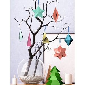 Szablon DIY do wydrukowania (PDF). Dekoracje świąteczne w stylu low poly. Origami. Papercraft. Dekoracje z tektury.