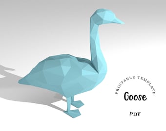 Printable DIY template (PDF).  Goose low poly paper model template. 3D animal paper model. Origami. Papercraft. Brain trainer.