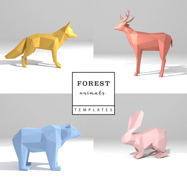 Ensemble de 4 modèles de bricolage imprimables (PDF). Modèle de modèle en papier low poly pour animaux de la forêt : cerf, renard, lapin, ours. Modèle 3D en papier animalier.