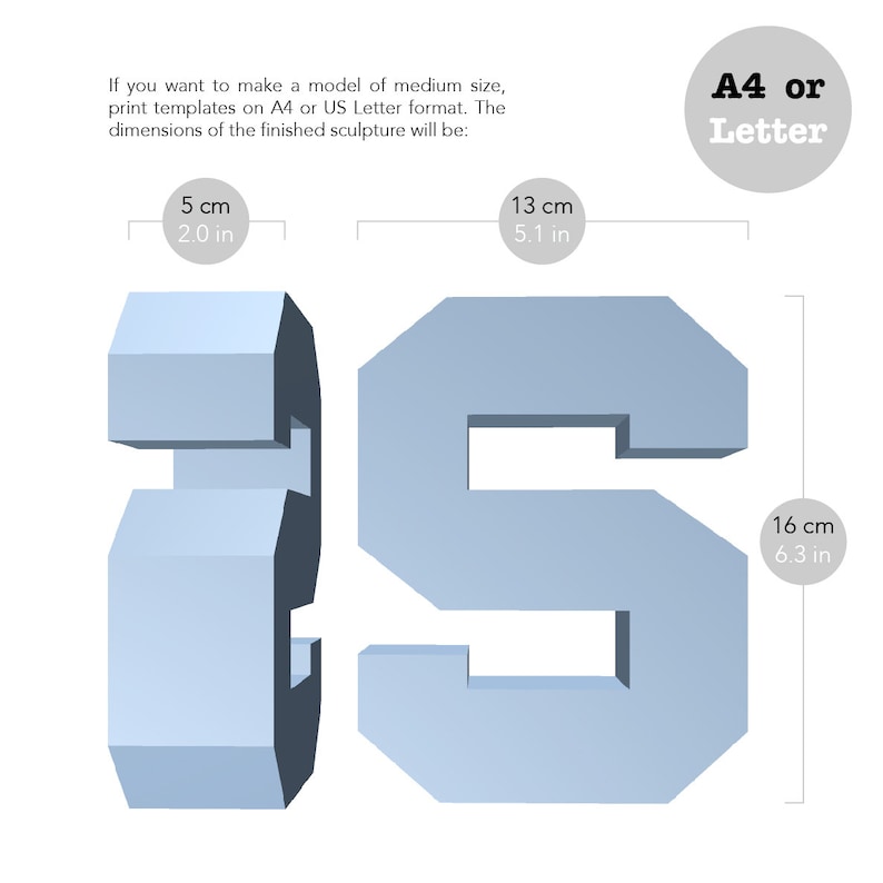 Printable DIY template Cardboard alphabet. Papercraft 3D paper lettering Letter S low poly paper model template Origami PDF
