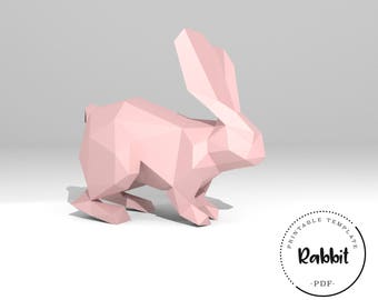 Printable DIY template (PDF).  Rabbit low poly paper model template. 3D paper trophy model. Bunny. Origami. Papercraft. Brain trainer.