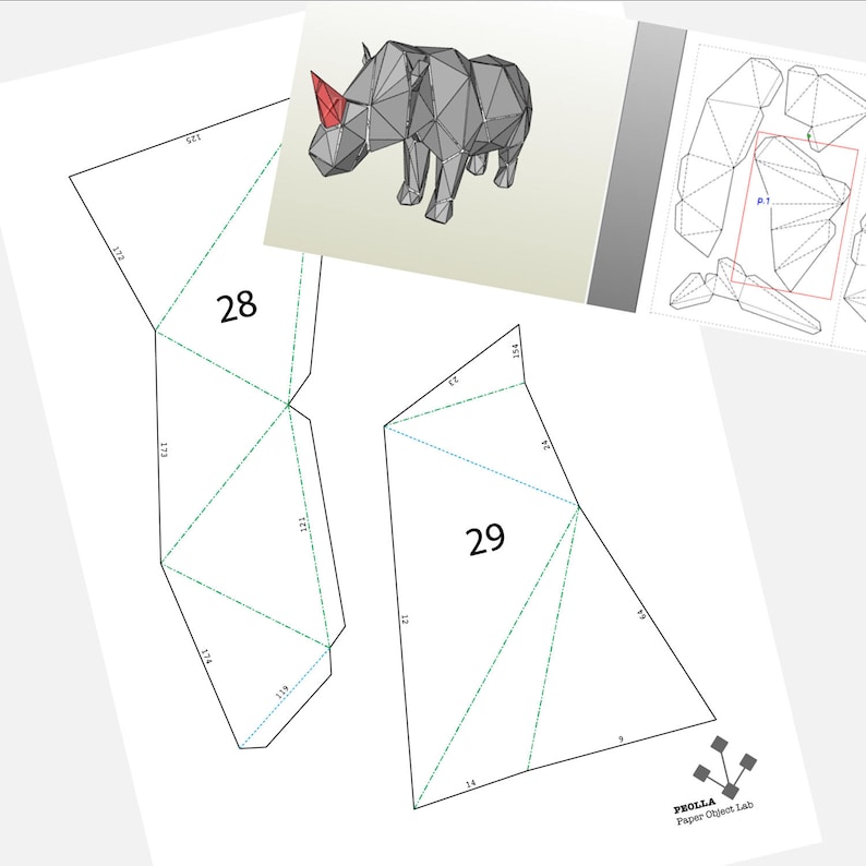 Set of 4 Printable DIY templates PDF. African Animals paper model templates: Lion, Hippo Mammoth, Rhino. 3D animal paper model. image 4