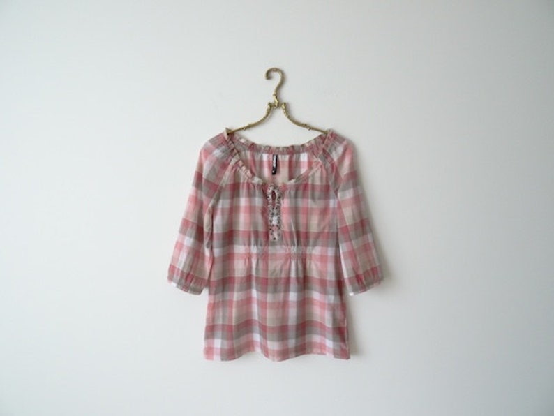 Checkered Blouse Embroidered Blouse Cotton 34 Sleeves Blouse Peasant Blouse Boho Spring Blouse Size Medium
