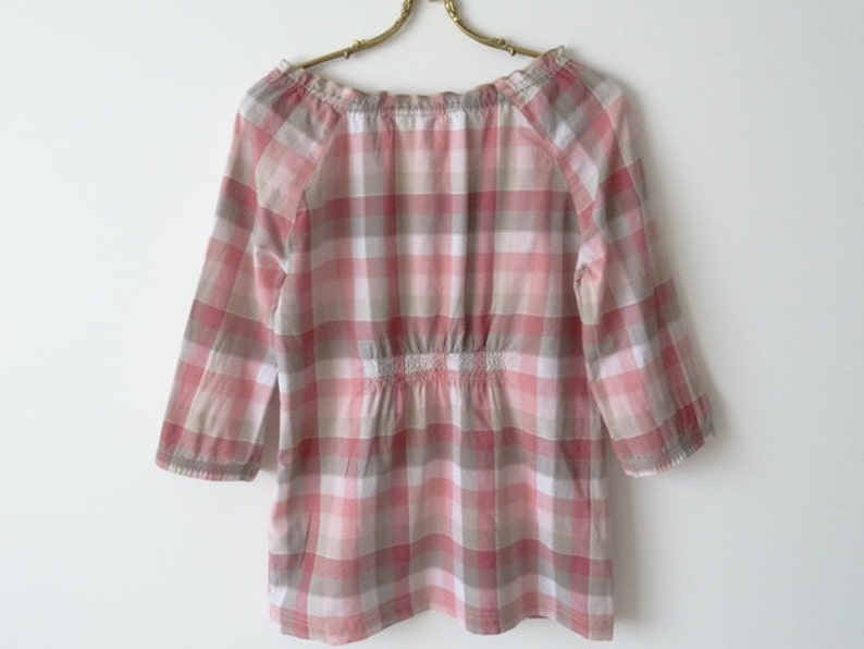 Checkered Blouse Embroidered Blouse Cotton 34 Sleeves Blouse Peasant Blouse Boho Spring Blouse Size Medium