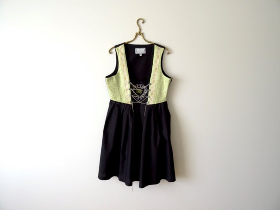 Dirndl Mini Dress. Black Green Dress. Cotton Summe