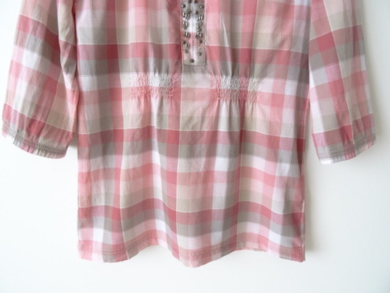 Checkered Blouse Embroidered Blouse Cotton 34 Sleeves Blouse Peasant Blouse Boho Spring Blouse Size Medium