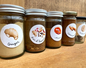 Herbs and Spices Stickers, A4 sheet of 35 circular stickers with original illustrations