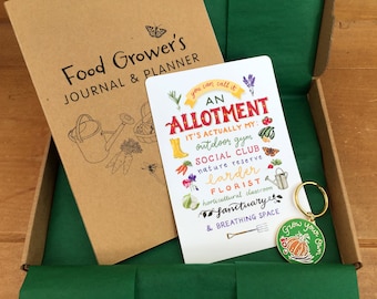 Allotment Growers Gift Box, A5 box with journal, fridge magnet and badge or keyring