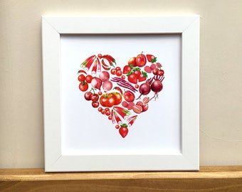 Red heart fruit and veg, illustrated  print for framing.