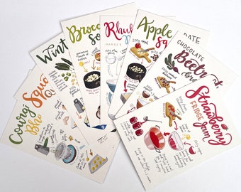 Illustrated recipe postcards, pack of 8, A6 size