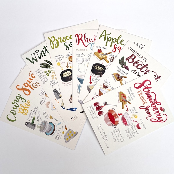 Illustrated recipe postcards, pack of 8, A6 size