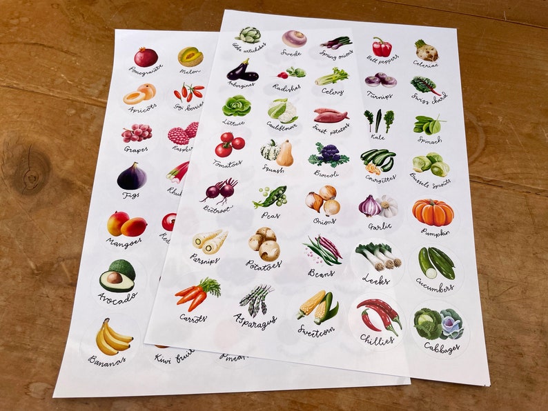 Fruit & Vegetable stickers, A4 sheet of 35 circular stickers with original illustrations image 2
