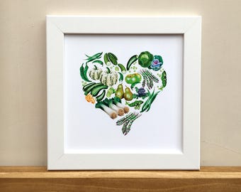 Green heart fruit and vegetables, illustrated print for framing.