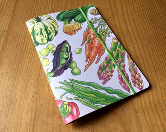 Garden vegetables notebook, pocket sized, ruled with an original illustrated cover and recycled paper.