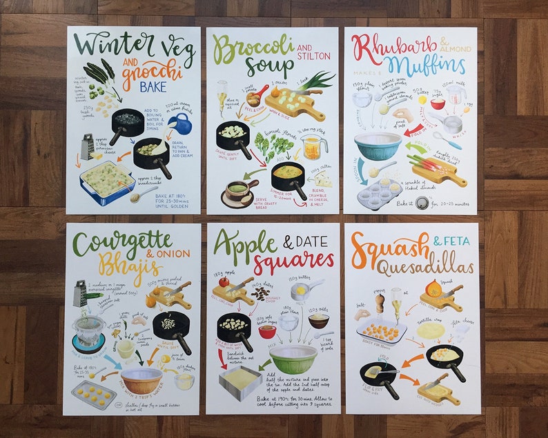 Illustrated recipe prints for framing A5 or A4 choice of 6 recipes