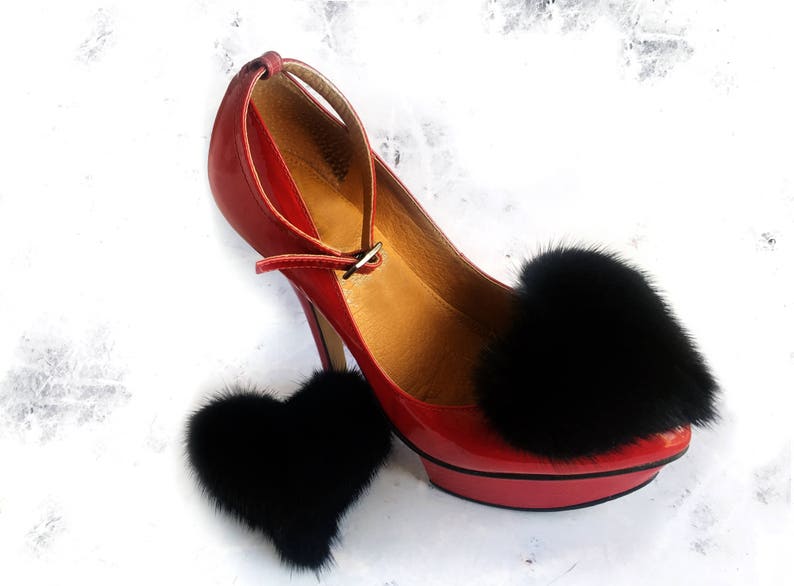 Fur Shoe Clips Heart Shaped Black Mink Fur Pom Poms Real Etsy UK