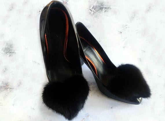 Fur Shoe Clips Heart Shaped Black Mink Fur Pom Poms Real | Etsy UK