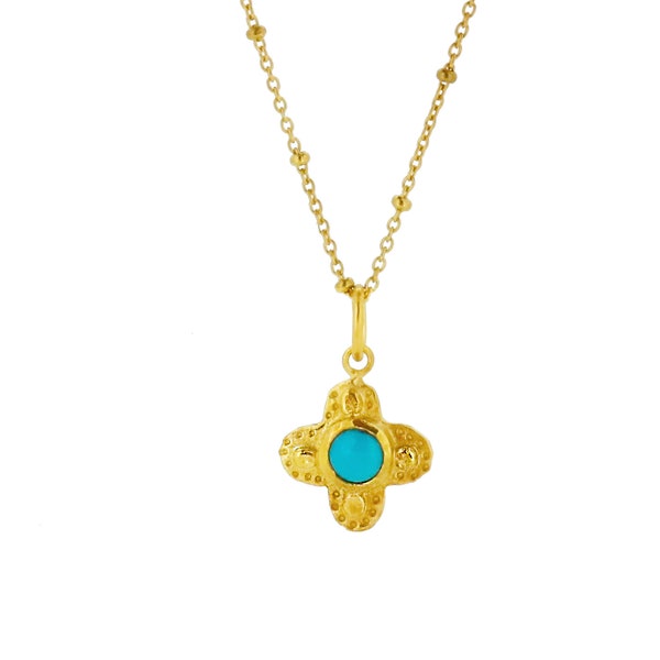 Gold Clover Necklace with Turquoise - Ethnic Jewellery - Yoga Jewellery