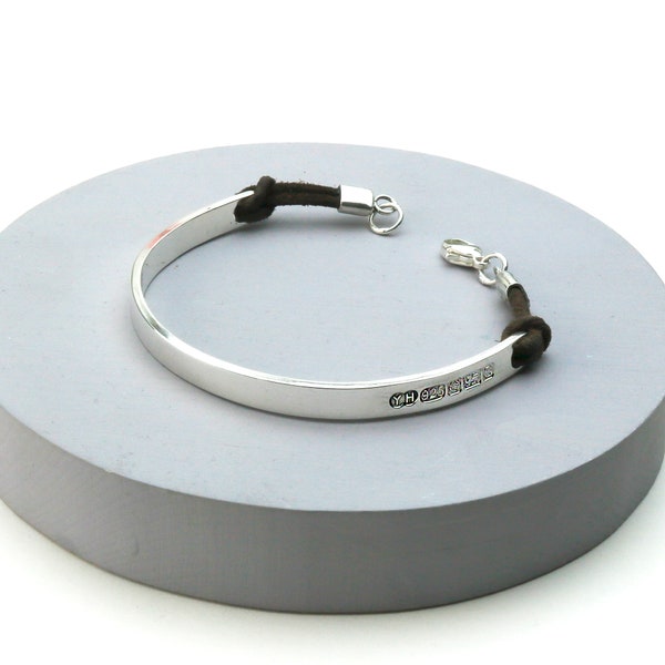 Mens Personalised Sterling Silver and Nubuck Leather ID Bracelet Bangle Mens Engraved Bangle Mens Engraved Bracelet