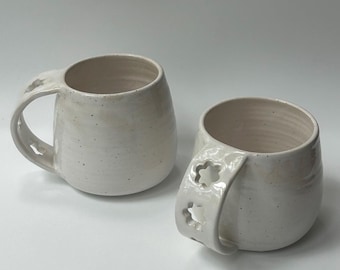 Floral handle mug | daisy handle mug | white floral mug | floral cutout pottery