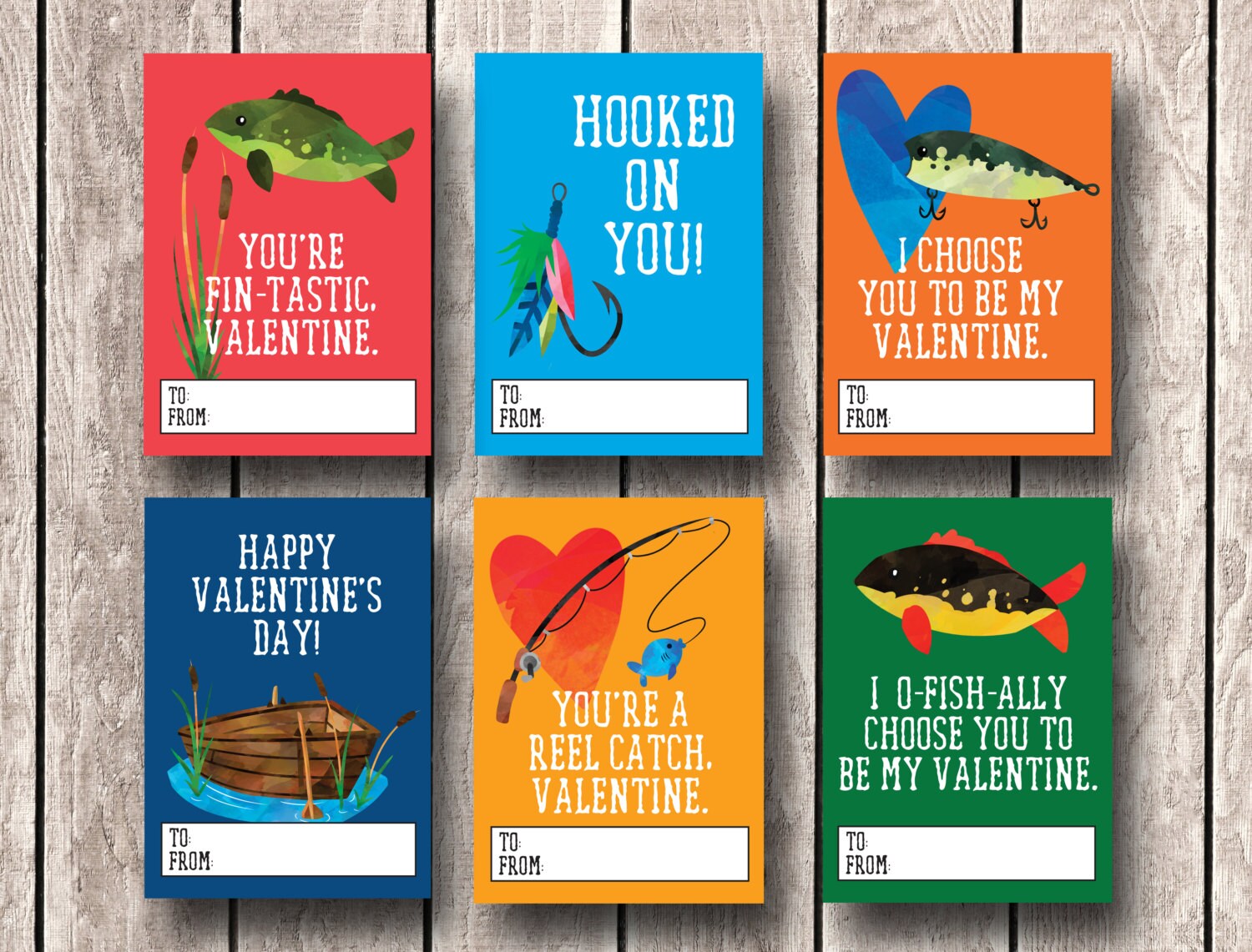 You're a REEL Catch Valentines Digital Print 8.5 X 11 Instant Download  Trading Cards Set of Six 