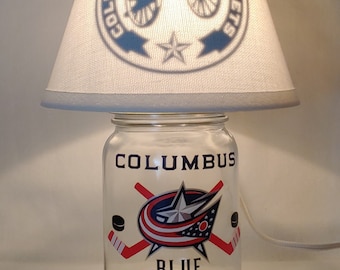 Mason jar small lamp, night light - Columbus Blue Jackets influenced