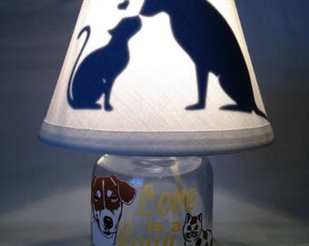 Mason jar small lamp, nightlight - Dog and Cat influenced