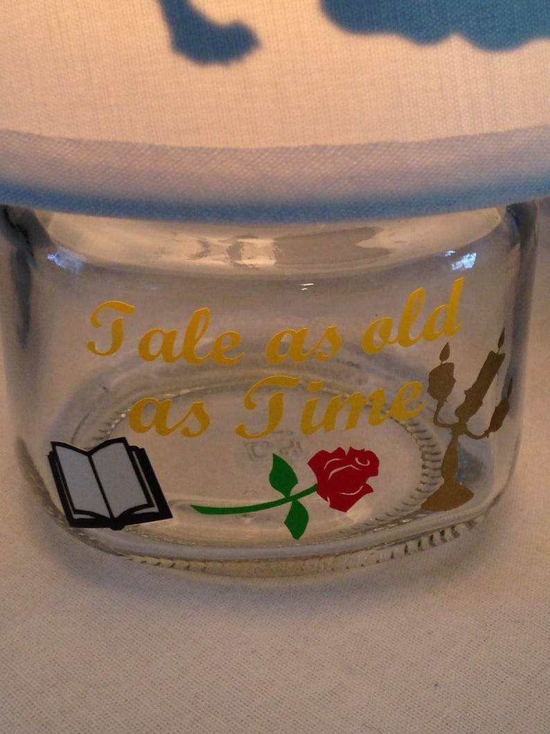 Mini mason jar night light Beauty and the Beast influenced Tale, book, Lumiere