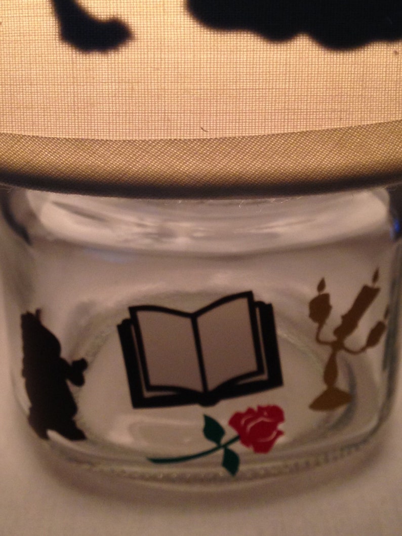 Mini mason jar night light Beauty and the Beast influenced Book, characters