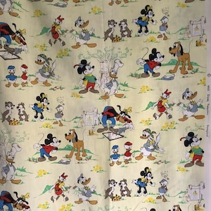 Rare Vintage Walt Disney Fabric Mickey Minnie Mouse Pluto Goofy Donald FQ