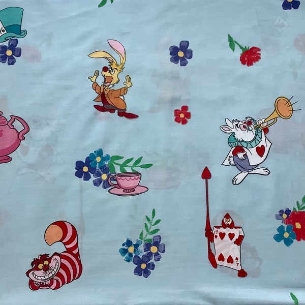 Alice in Wonderland Fabric FQ Tea Party Cheshire Cat White Rabbit Remnant Yard