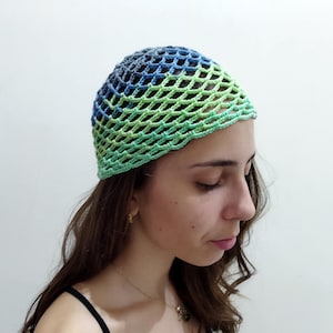 Crochet Cotton Mesh Hat, Multicolor Skull Cap, Netted Mesh Beanie, Handmade hat, Mesh Beanie, Ombre in green blue and gray Net hat Womens