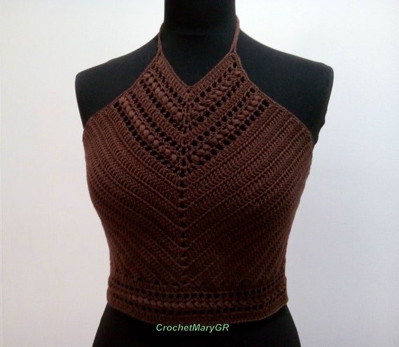 Brown Crochet Top Ηalter Top Crochet Crop Top, Boho Hippie Brown Crochet Top Ηalter Top Crochet Crop Top, Boho Hippie