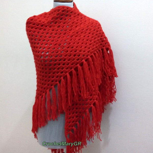 Châle en laine au crochet à la main, châle d'hiver triangle au crochet, châle de prière au crochet, châles à franges Boho, châle tsigane femmes, dentelle rouge tricotée Wrap