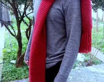 Personalized Oversized Scarf, Wool Scarf, Long Scarf, Chunky Scarf/ Handmade Scarf / Boho Scarf | Cable Knit | Hand Knitted Fringe Scarf Red