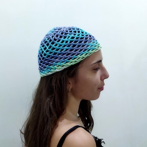 Crochet Cotton Mesh Hat, Multicolor Skull Cap, Netted Mesh Beanie, Handmade hat, Mesh Beanie, Ombre in green blue purple and white Net hat