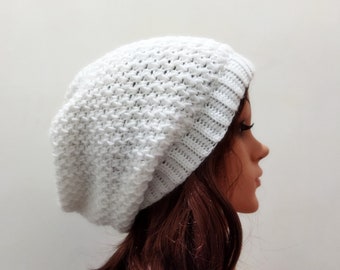 Super Slouchy Beanie in White, Crochet hats, slouchy beanie, woman winter hat, handmade, slouch hat. Knit Hats Women Valentine's Day gifts