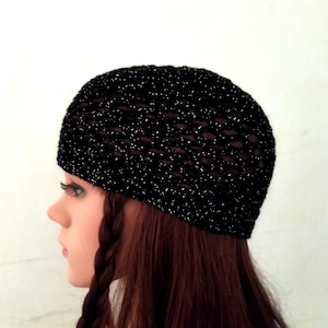 Black silver crochet mesh hat Crochet lace skull cap, crochet net hat, Lightweight beanies vintage netted hat, crochet shiny mesh hat womens
