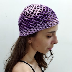 Purple Crochet Cotton Mesh Hat, Multicolor Skull Cap, Netted Mesh Beanie, Ombre, Handmade hat, Mesh Beanie, Pink and lilac Net hats women