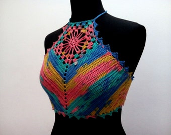 Rainbow crochet halter top, Festival top, Lgbtq top, Sexy star top, Boho Hippie Top, Cotton Yarn, Outfit Festival Clothes, Summer wear women