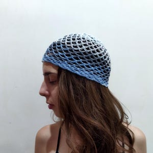 Blue Gray Crochet Lace Hat Cotton, Multicolor Skull Cap, Netted Mesh Beanie, Ombre, Mesh hat, Handmade hat, Web, Mesh Beanie, Net hats women